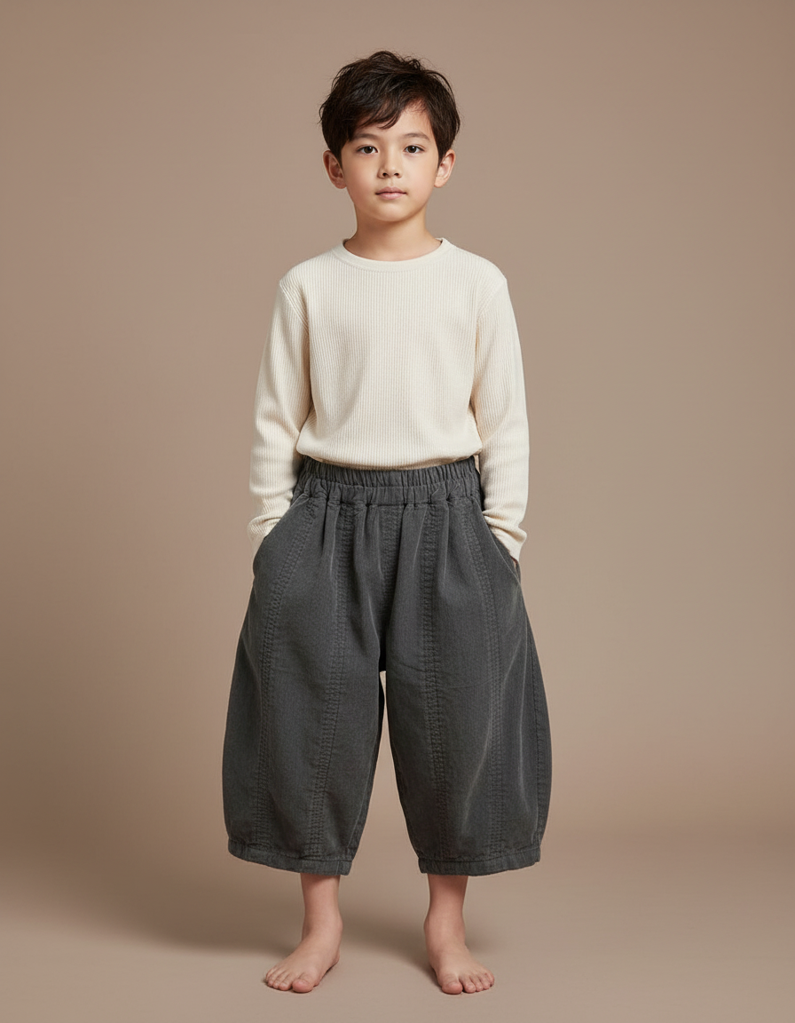 Pantalon Chinois Gris Coton Ample Unisexe Rétro - Cordé