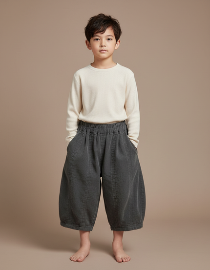 Pantalon Chinois Gris Coton Ample Unisexe Rétro - Cordé