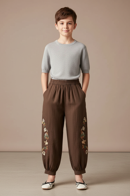 Pantalon Chinois Marron Brodé Ample Coton Enfant - Lin