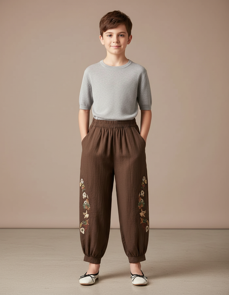 Pantalon Chinois Marron Brodé Ample Coton Enfant - Lin