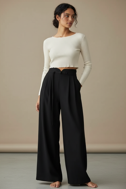 Pantalon Chinois Noir Ample Fluide Décontracté Élégant - Polyester
