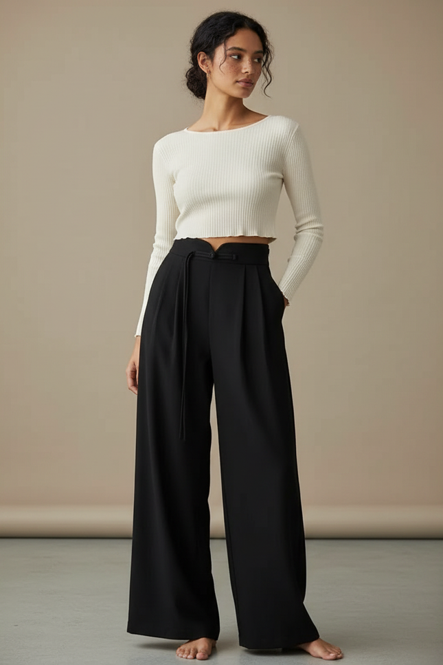 Pantalon Chinois Noir Ample Fluide Décontracté Élégant - Polyester