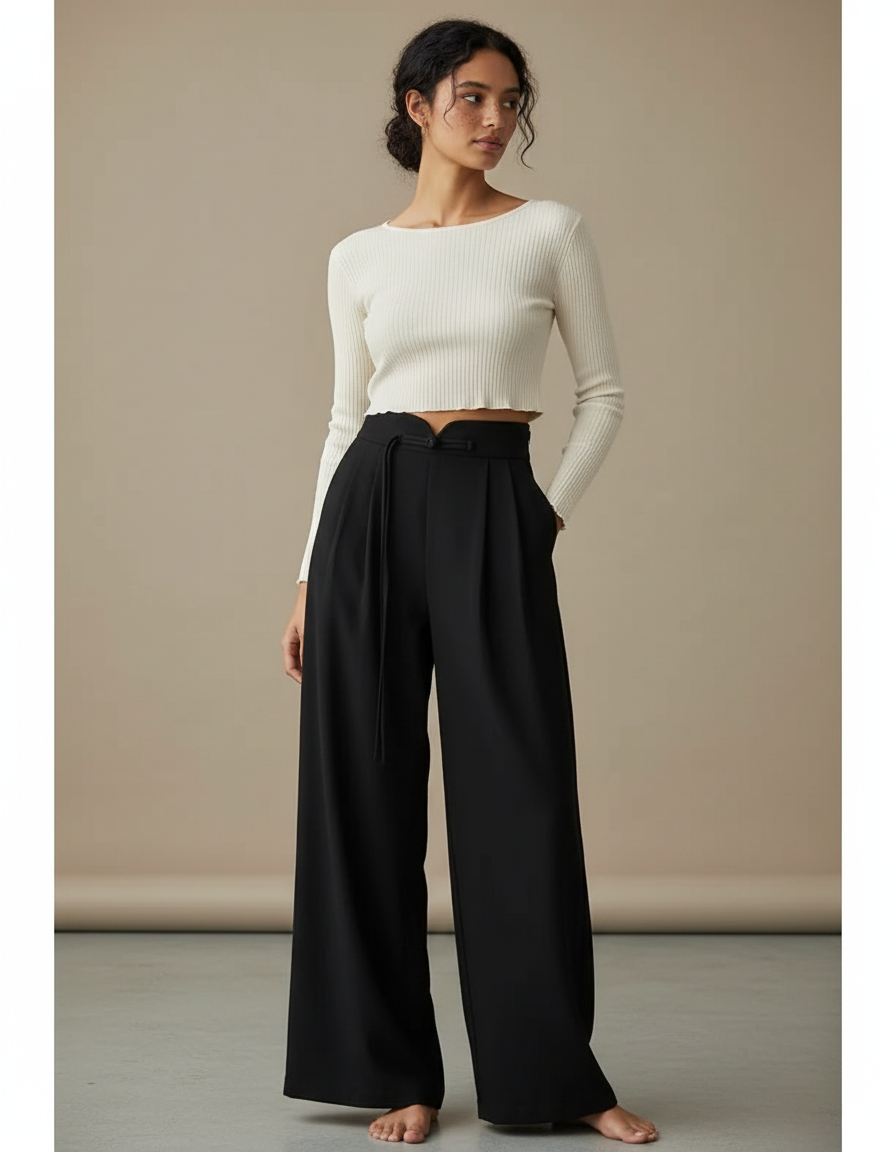 Pantalon Chinois Noir Ample Fluide Décontracté Élégant - Polyester