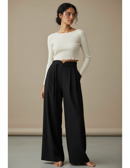 Pantalon Chinois Noir Ample Fluide Décontracté Élégant - Polyester