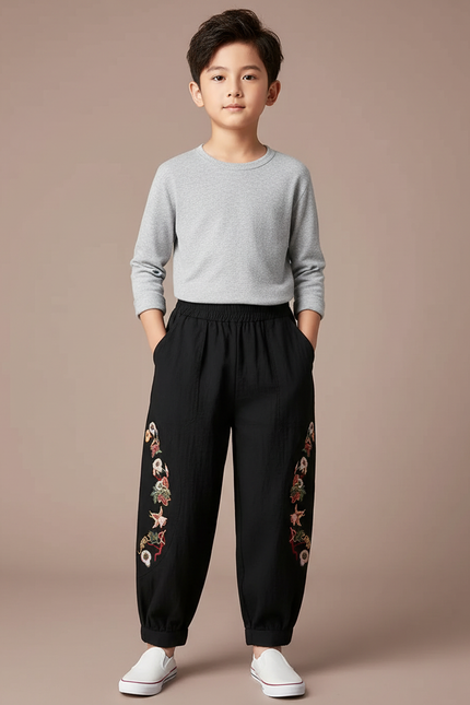 Pantalon Chinois Noir Brodé Floral Ample Enfant - Lin