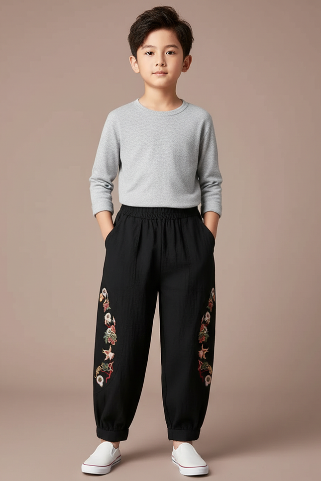 Pantalon Chinois Noir Brodé Floral Ample Enfant - Lin