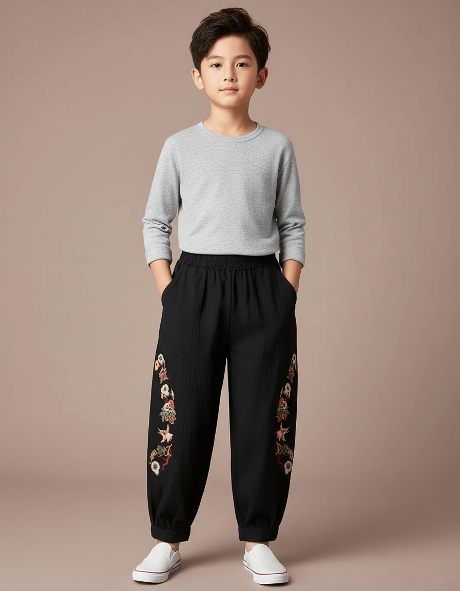 Pantalon Chinois Noir Brodé Floral Ample Enfant - Lin