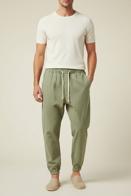 Pantalon Chinois Vert Armée Lin Cordon Ample Homme - Kaki
