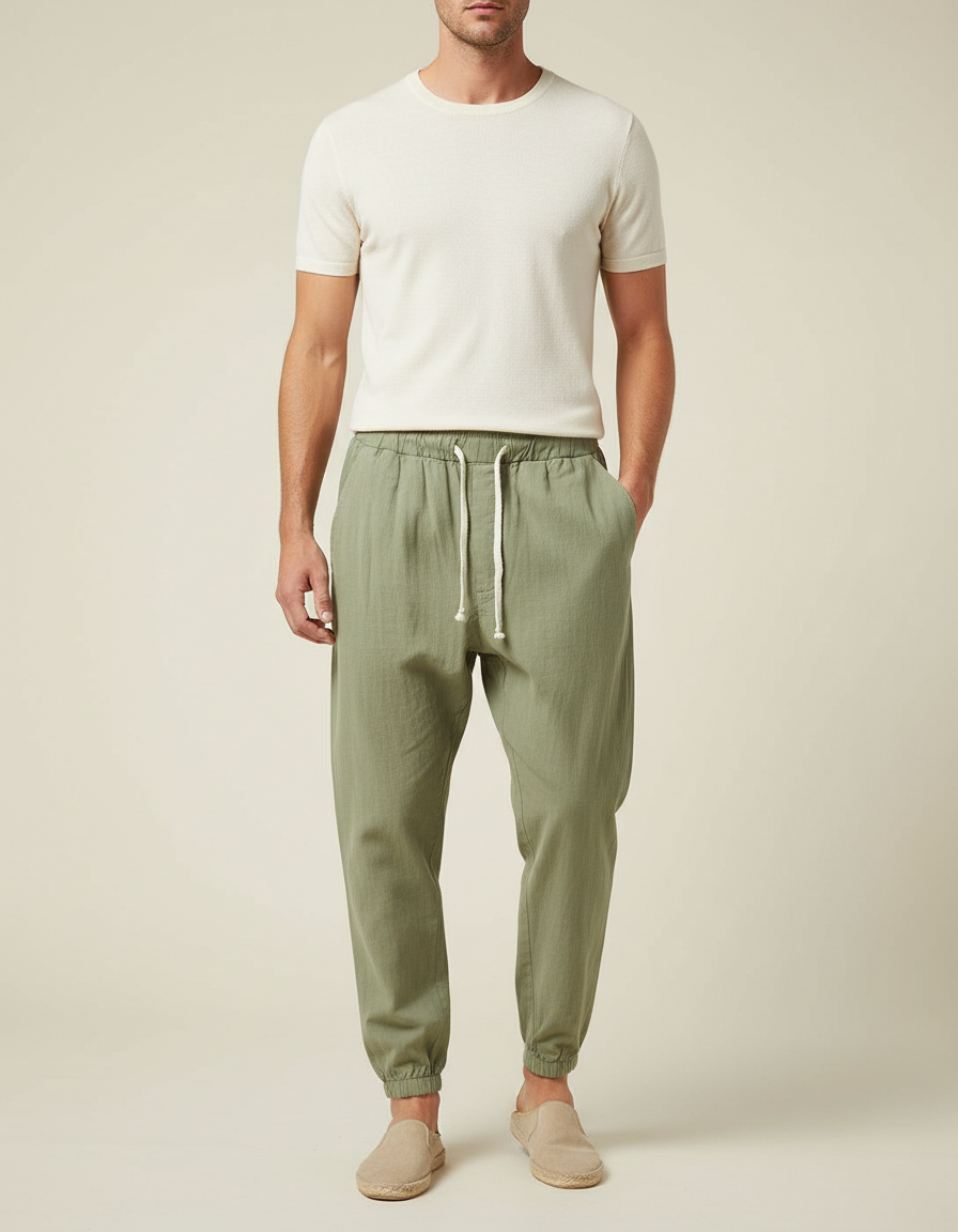 Pantalon Chinois Vert Armée Lin Cordon Ample Homme - Kaki