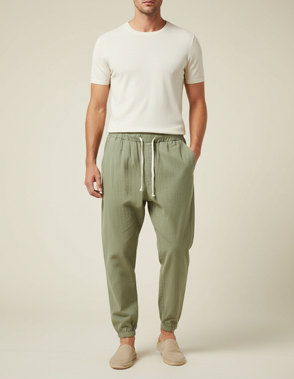 Pantalon Chinois Vert Armée Lin Cordon Ample Homme - Kaki