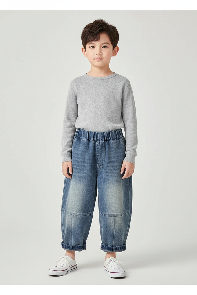 Pantalon Chinois Denim Ample Élastique Décontracté Garçon - Bleu Jean