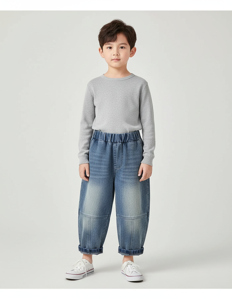 Pantalon Chinois Denim Ample Élastique Décontracté Garçon - Bleu Jean