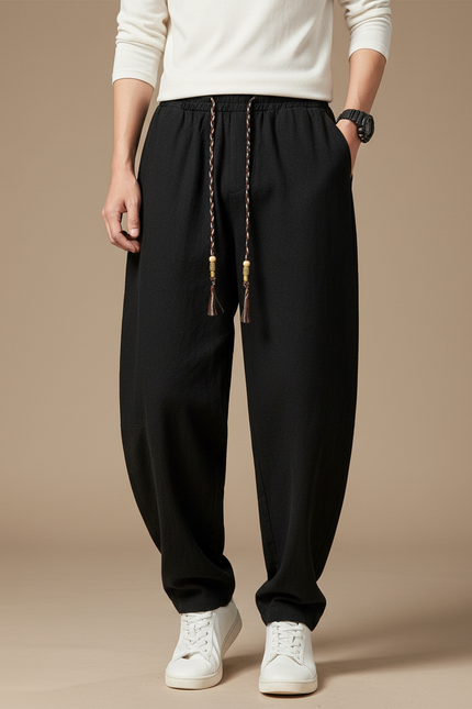 Pantalon Chinois Noir Ample Coton Lacet Confortable