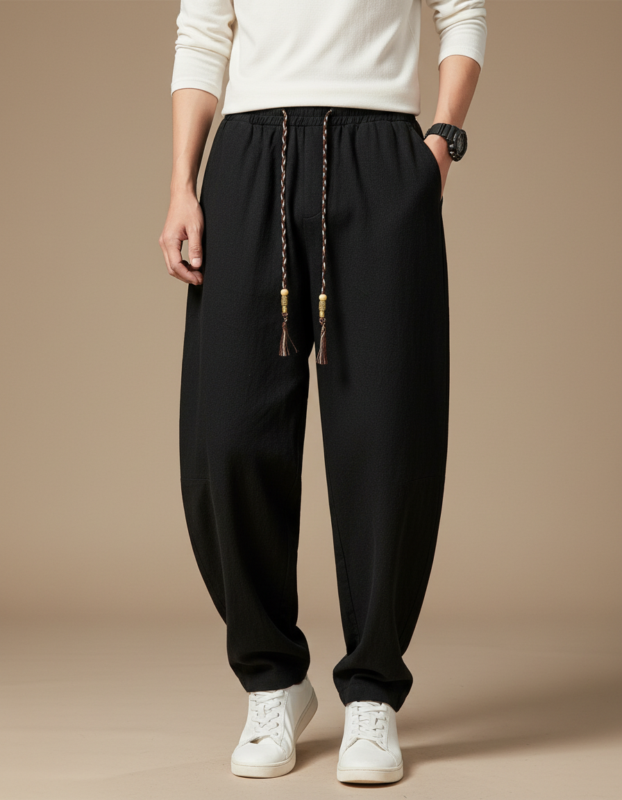 Pantalon Chinois Noir Ample Coton Lacet Confortable