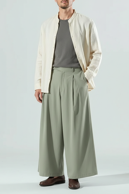Pantalon Chinois Ample Plissé Vert Lin Homme