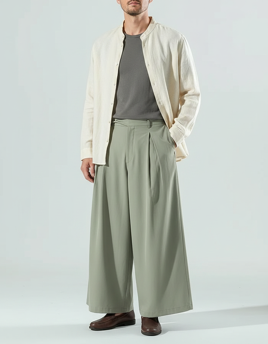 Pantalon Chinois Ample Plissé Vert Lin Homme