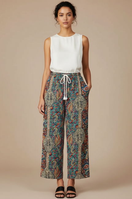 Pantalon Chinois Imprimé Paisley Fluide Cordon Ample Élégant - Multicolore Viscose