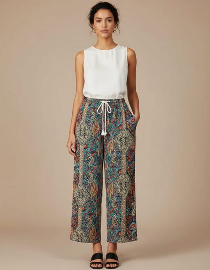Pantalon Chinois Imprimé Paisley Fluide Cordon Ample Élégant - Multicolore Viscose