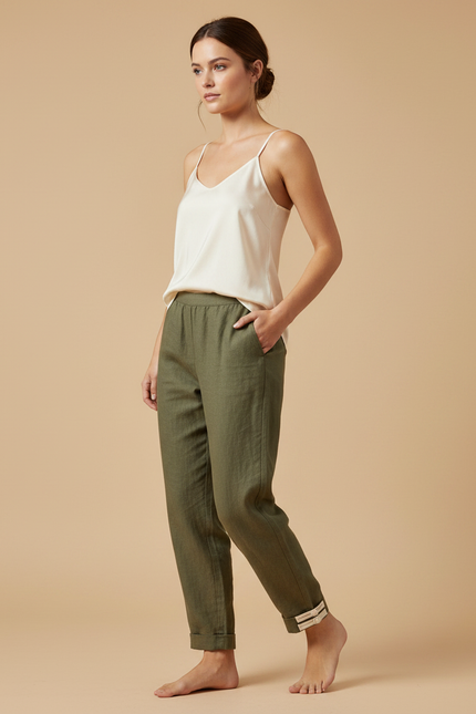 Pantalon Chinois Vert Kaki Coton Ample Décontracté Femme - Lin
