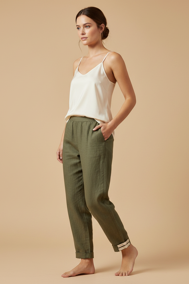Pantalon Chinois Vert Kaki Coton Ample Décontracté Femme - Lin
