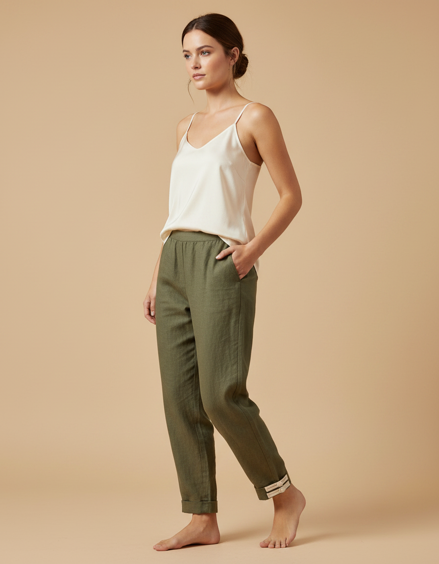 Pantalon Chinois Vert Kaki Coton Ample Décontracté Femme - Lin