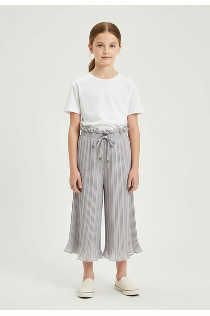 Pantalon Chinois Gris Plissé Fluide Ample Fille - Polyester