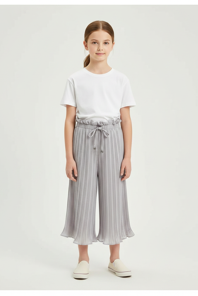 Pantalon Chinois Gris Plissé Fluide Ample Fille - Polyester