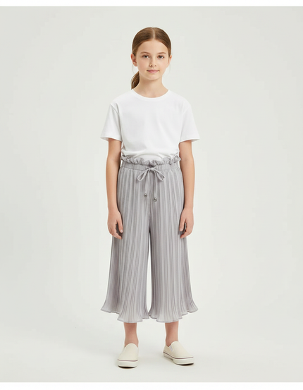 Pantalon Chinois Gris Plissé Fluide Ample Fille - Polyester
