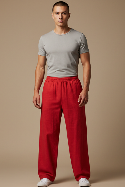 Pantalon Chinois Rouge Ample Lin Décontracté Homme