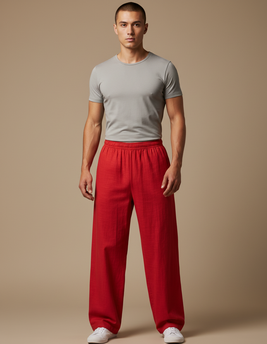 Pantalon Chinois Rouge Ample Lin Décontracté Homme