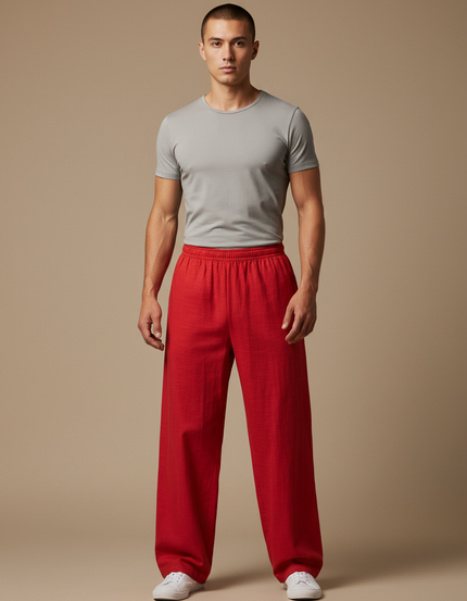Pantalon Chinois Rouge Ample Lin Décontracté Homme