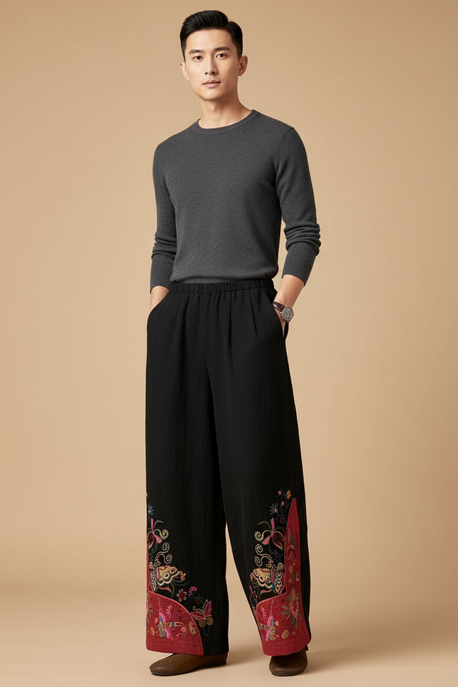 Pantalon Chinois Noir Brodé Ample Ethnique Coton