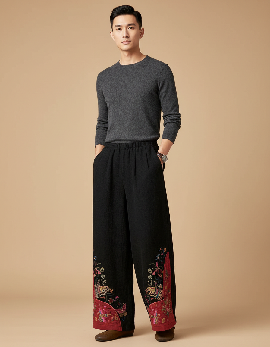 Pantalon Chinois Noir Brodé Ample Ethnique Coton