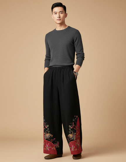 Pantalon Chinois Noir Brodé Ample Ethnique Coton