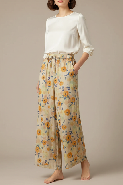 Pantalon Chinois Fleuri Ample Lin Coton Fluide Femme - Multicolore