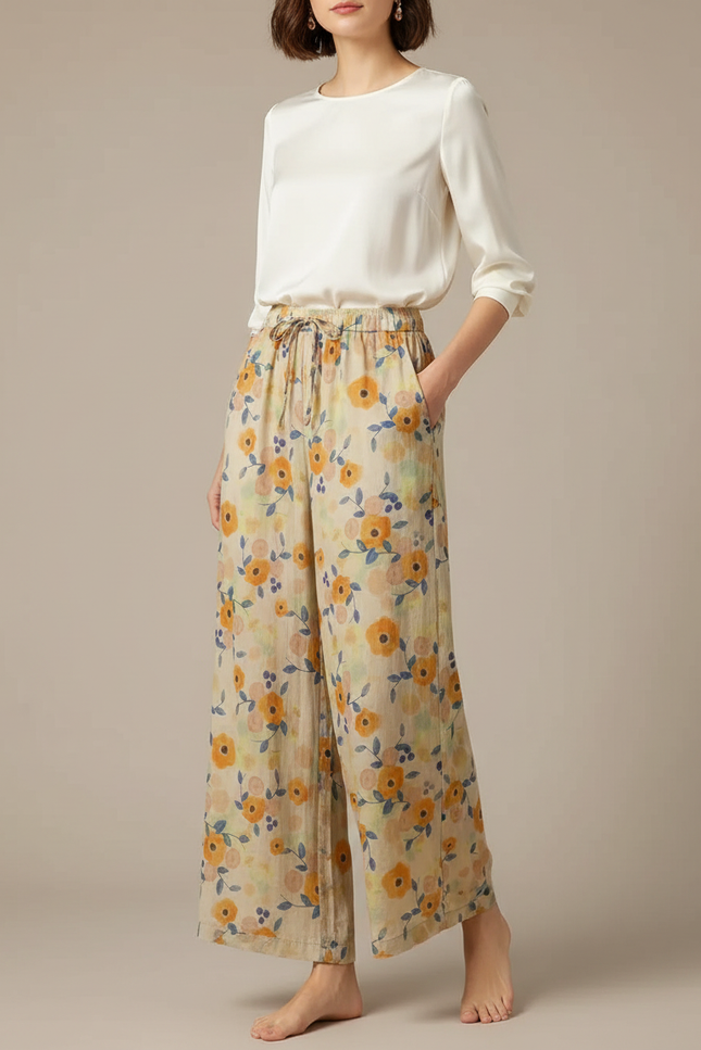 Pantalon Chinois Fleuri Ample Lin Coton Fluide Femme - Multicolore