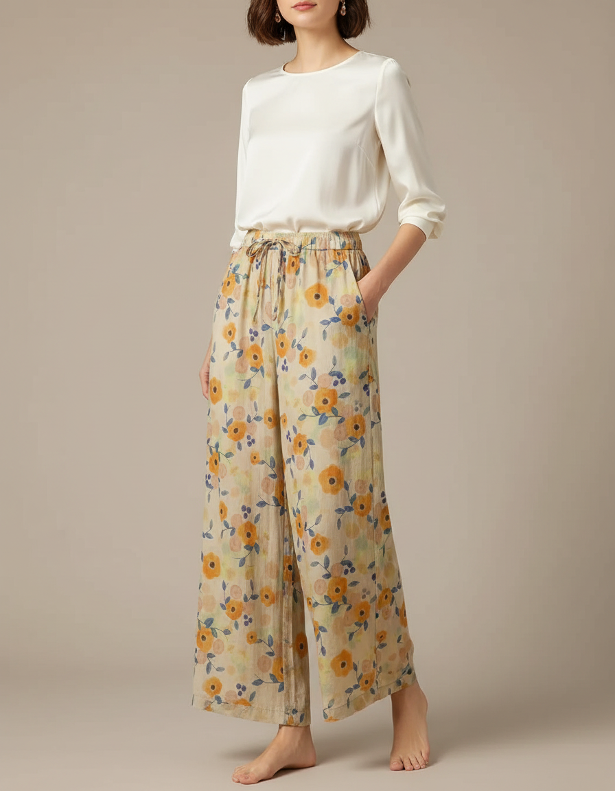 Pantalon Chinois Fleuri Ample Lin Coton Fluide Femme - Multicolore