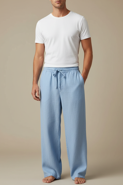 Pantalon Chinois Lin Bleu Ample Cordon Homme