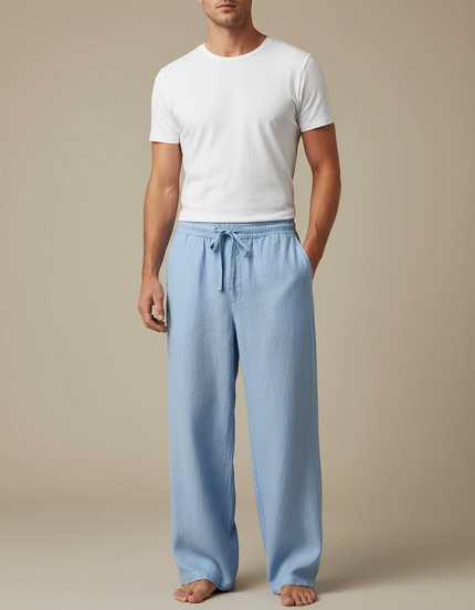 Pantalon Chinois Lin Bleu Ample Cordon Homme