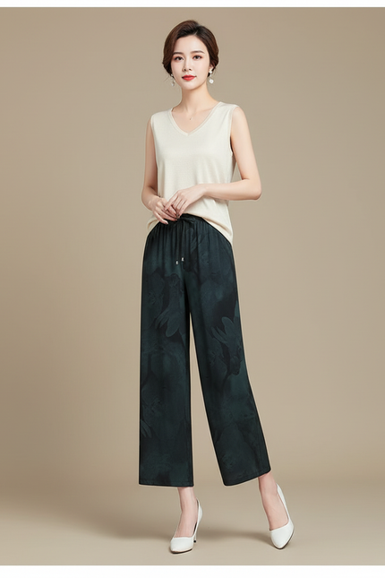 Pantalon Chinois Fluide Imprimé Vert Foncé Élégant - Polyester