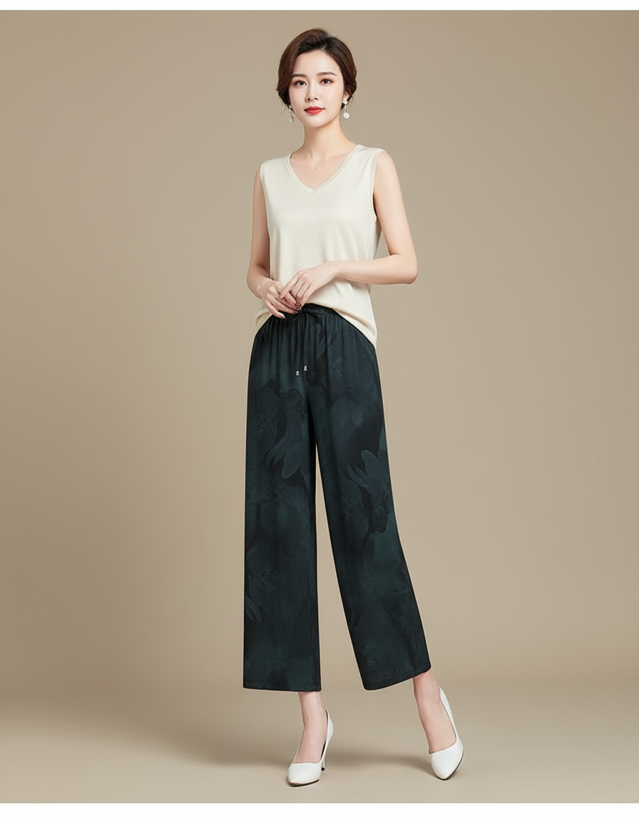 Pantalon Chinois Fluide Imprimé Vert Foncé Élégant - Polyester