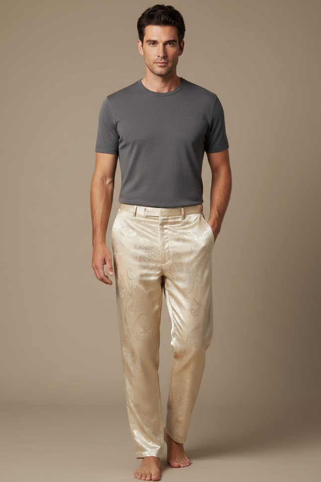 Pantalon Chinois Satin Beige Dragon Élégant Homme