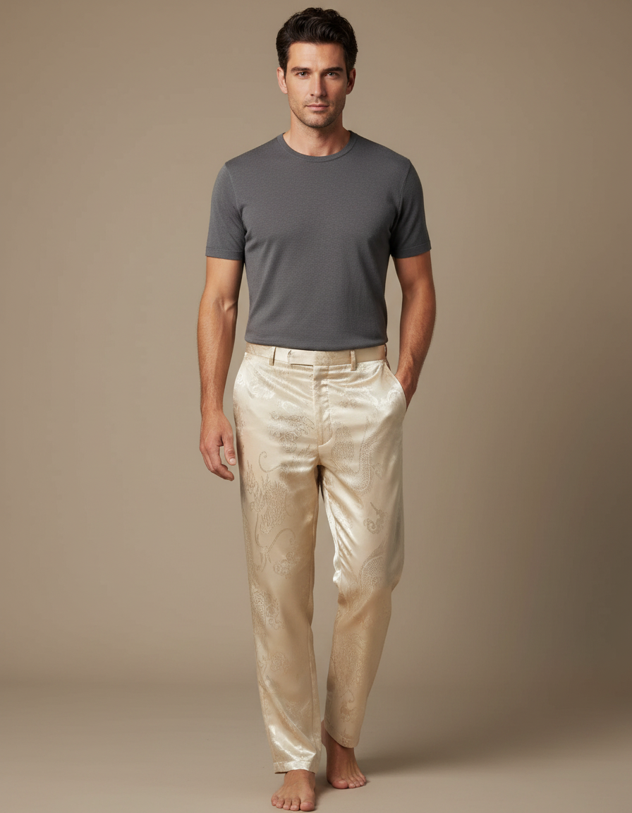 Pantalon Chinois Satin Beige Dragon Élégant Homme