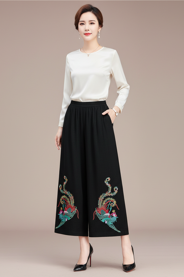 Pantalon Chinois Noir Brodé Ethnique Ample Fluide Femme - Polyester