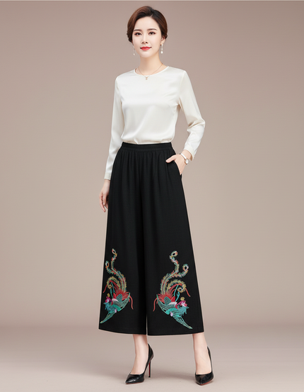 Pantalon Chinois Noir Brodé Ethnique Ample Fluide Femme - Polyester