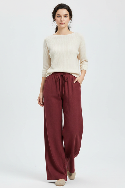 Pantalon Chinois Bordeaux Ample Lin Cordon Femme