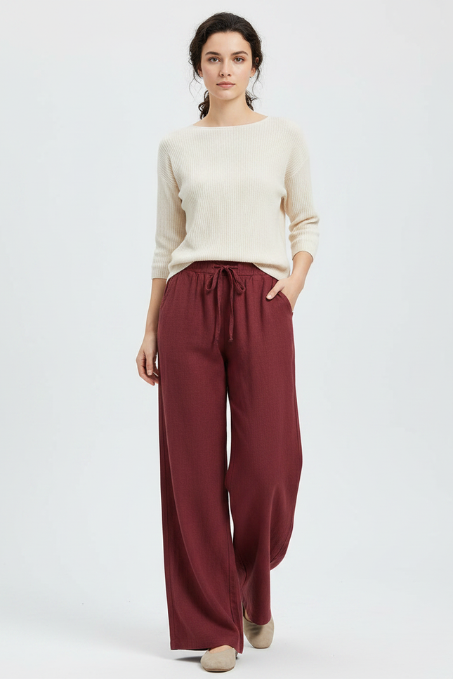 Pantalon Chinois Bordeaux Ample Lin Cordon Femme
