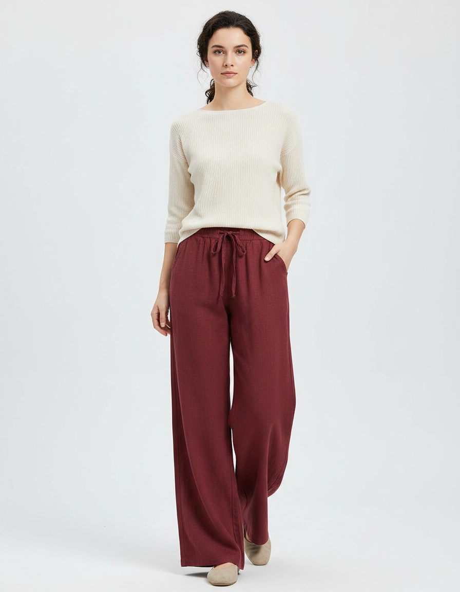 Pantalon Chinois Bordeaux Ample Lin Cordon Femme