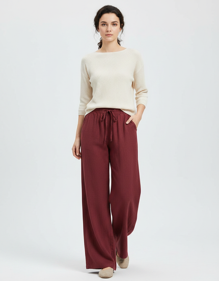 Pantalon Chinois Bordeaux Ample Lin Cordon Femme