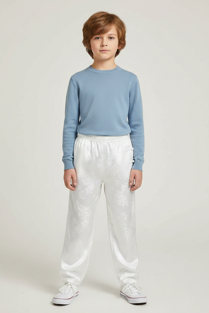 Pantalon Chinois Blanc Satiné Ample Fleuri Enfant